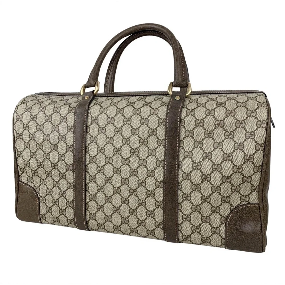 Vintage Gucci GG Supreme Boston Bag Travel Duffle Brown Monogram Leather Trim - Picture 4 of 15